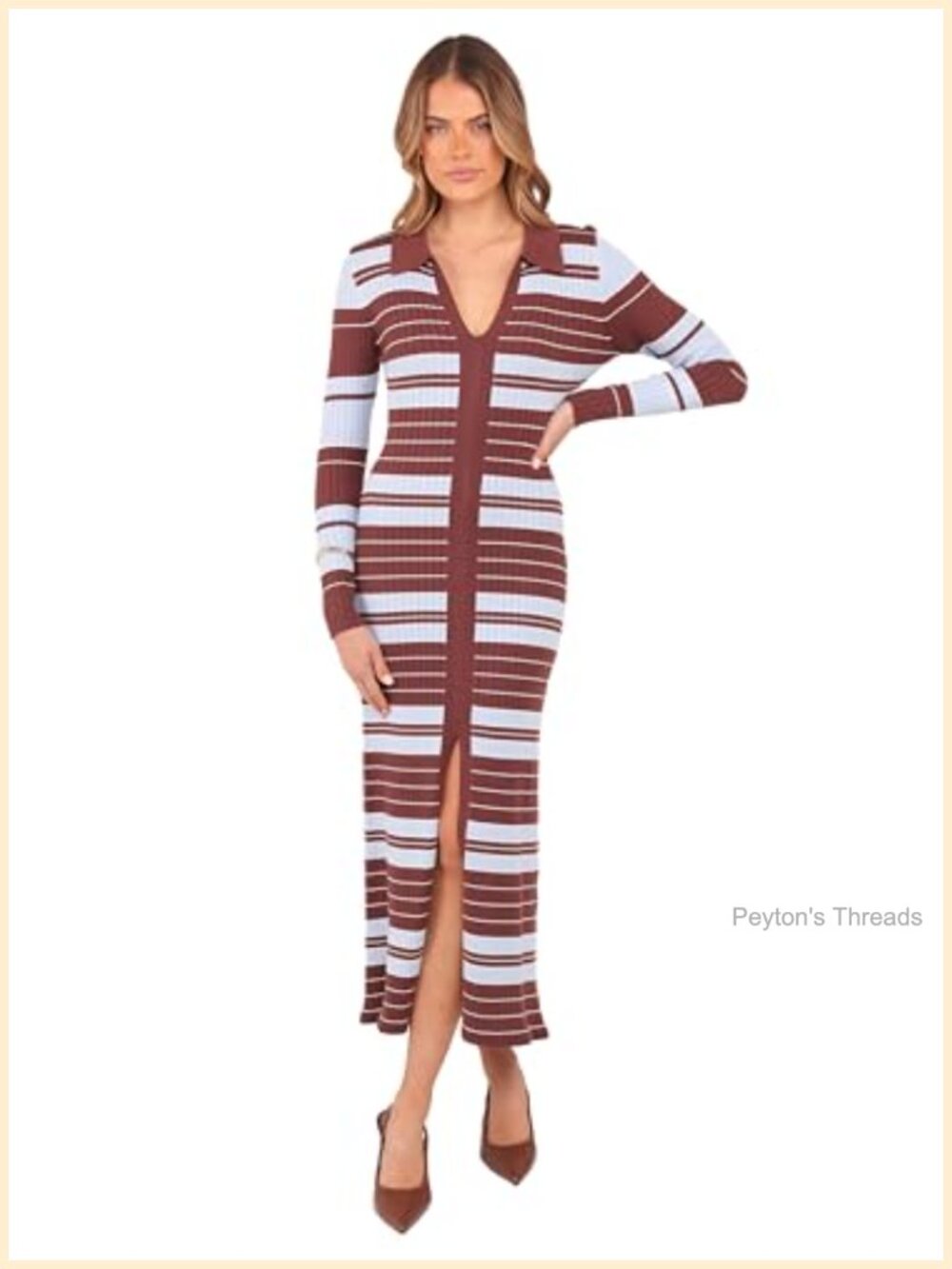 Long Sleeve Maxi Dress Striped Spread Collar Front Split Ribbed Knit